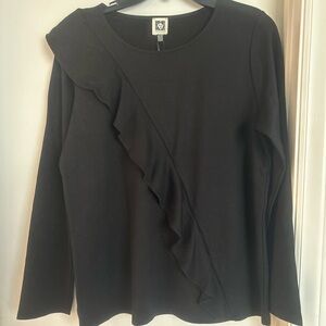 Anne Klein Black Long Sleeve Ruffled Top